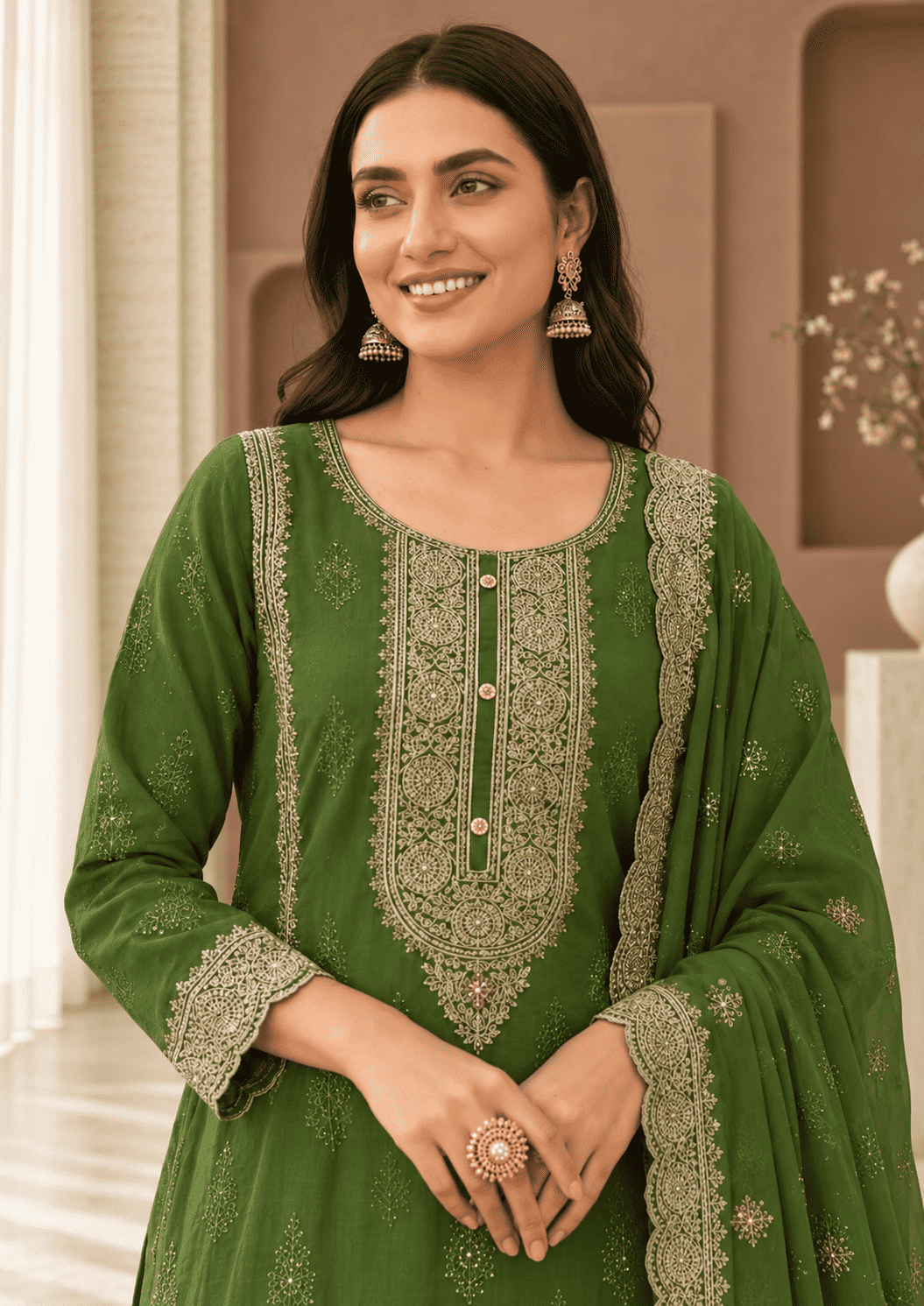 Bottle Green Semi-Stitched With Embroidery Chiffon Suit Set With Dupatta