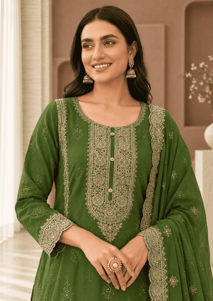 Bottle Green Semi-Stitched With Embroidery Chiffon Suit Set With Dupatta