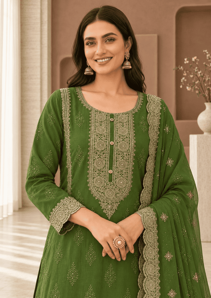Bottle Green Semi-Stitched With Embroidery Chiffon Suit Set With Dupatta