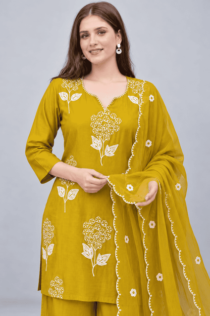 Mustard Yellow Embroidered Chanderi Kurta and pant with dupatta