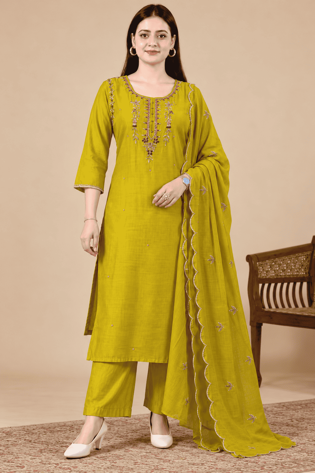 Lime Green Embroidered Mul Chanderi Kurta and pant with Dupatta