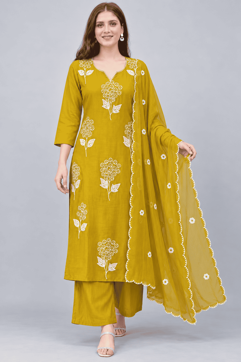 Mustard Yellow Embroidered Chanderi Kurta and pant with dupatta