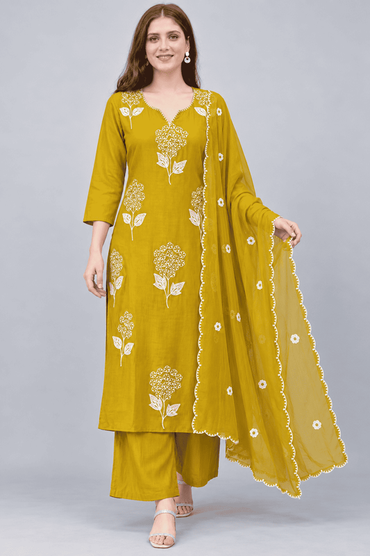Mustard Yellow Embroidered Chanderi Kurta and pant with dupatta