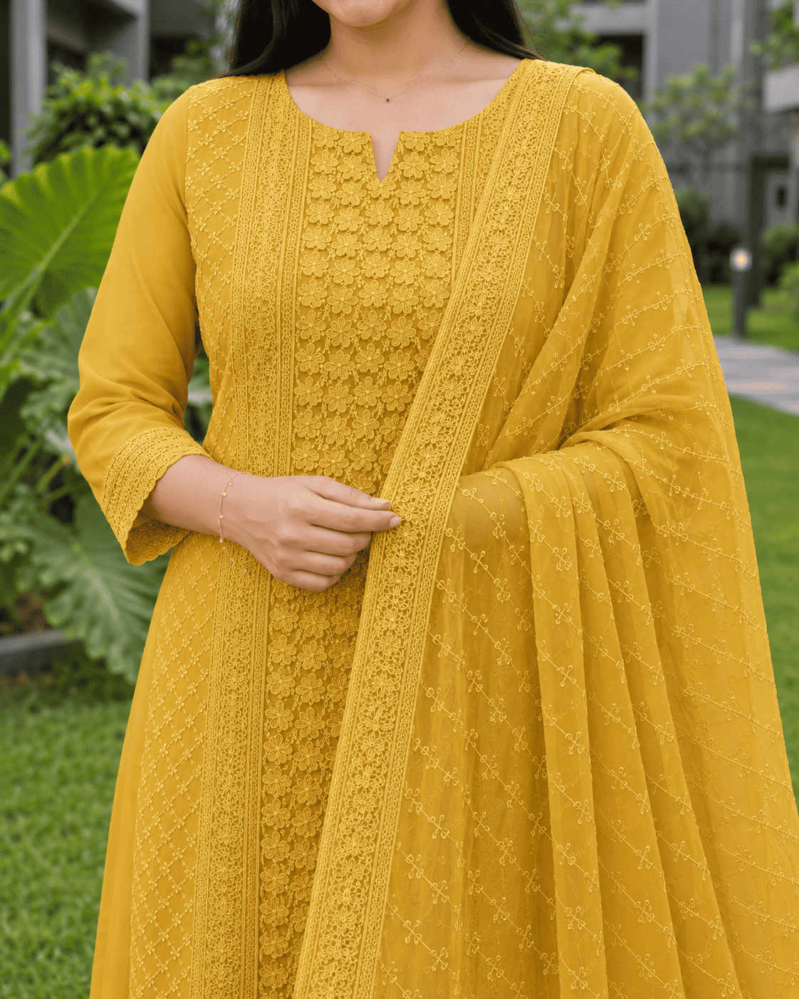 Mustard Chikankari Embroidered Georgette Kurta Pant Set With Dupatta