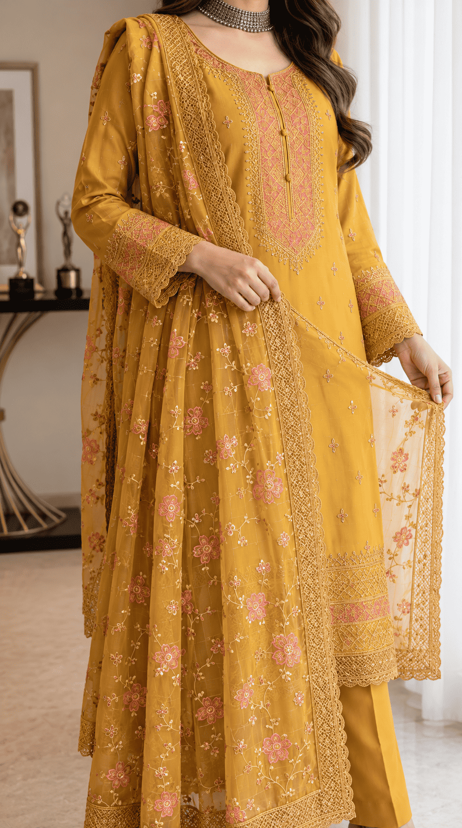 Semi-stitched Soft Chiffon-Muslin In Mustard-Gold With Delicate Sequin Floral Embroidery Suit Material