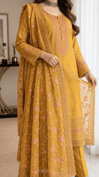 Semi-stitched Soft Chiffon-Muslin In Mustard-Gold With Delicate Sequin Floral Embroidery Suit Material