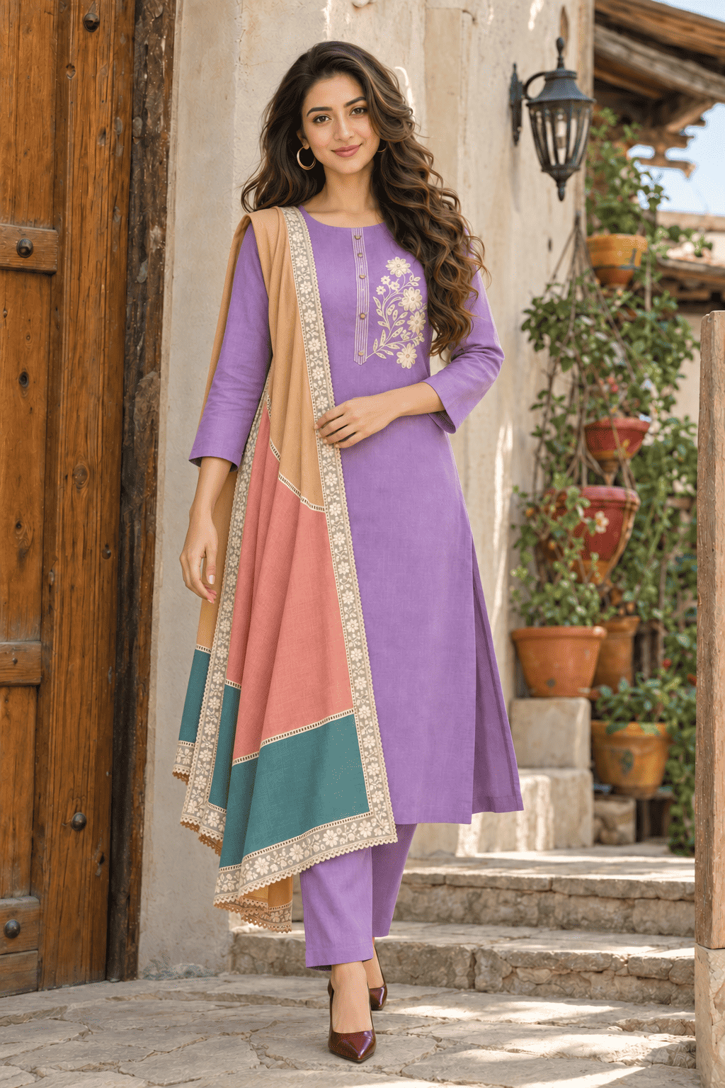 Unstitched purple embroidered cotton suit set with a contrasting dupatta