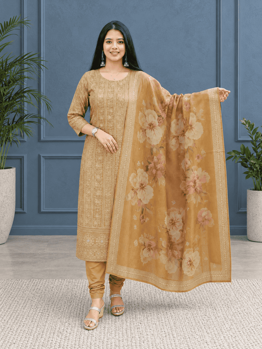 Unstitched Mustard Gold Embroidered Soft Georgette Suit Featuring Intricate Threadwork And Sequin Floral Motifs