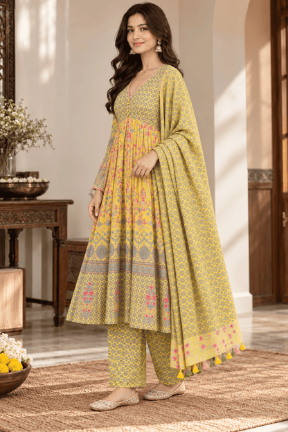 Yellow Floral Printed Mul Cotton Kurta and Palazzo Pant With Dupatta