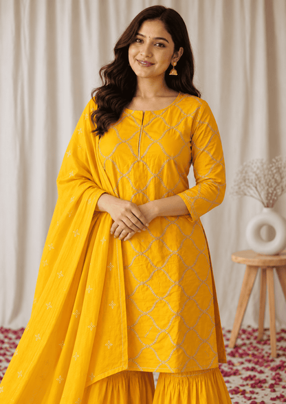 Mustard yellow cotton silk kurta set with embroidered dupatta
