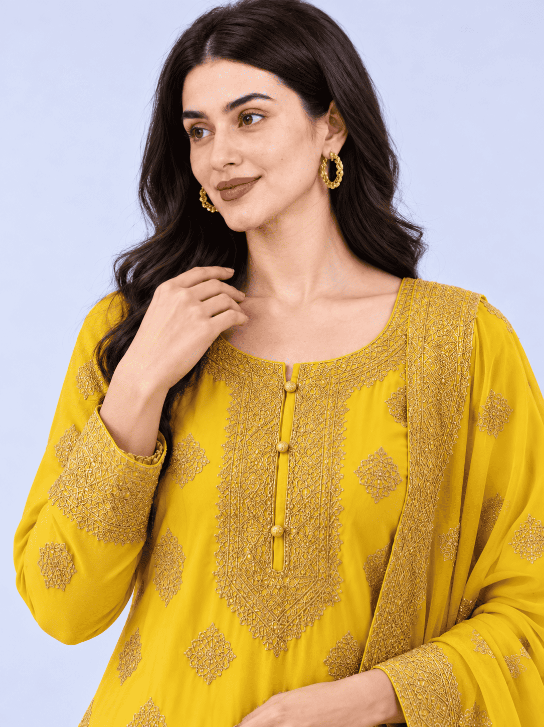 Semi-Stitched Fresh Lime-Yellow Ornate Golden Zari And Sequin Work Tissue Silk Suit With Dupatta