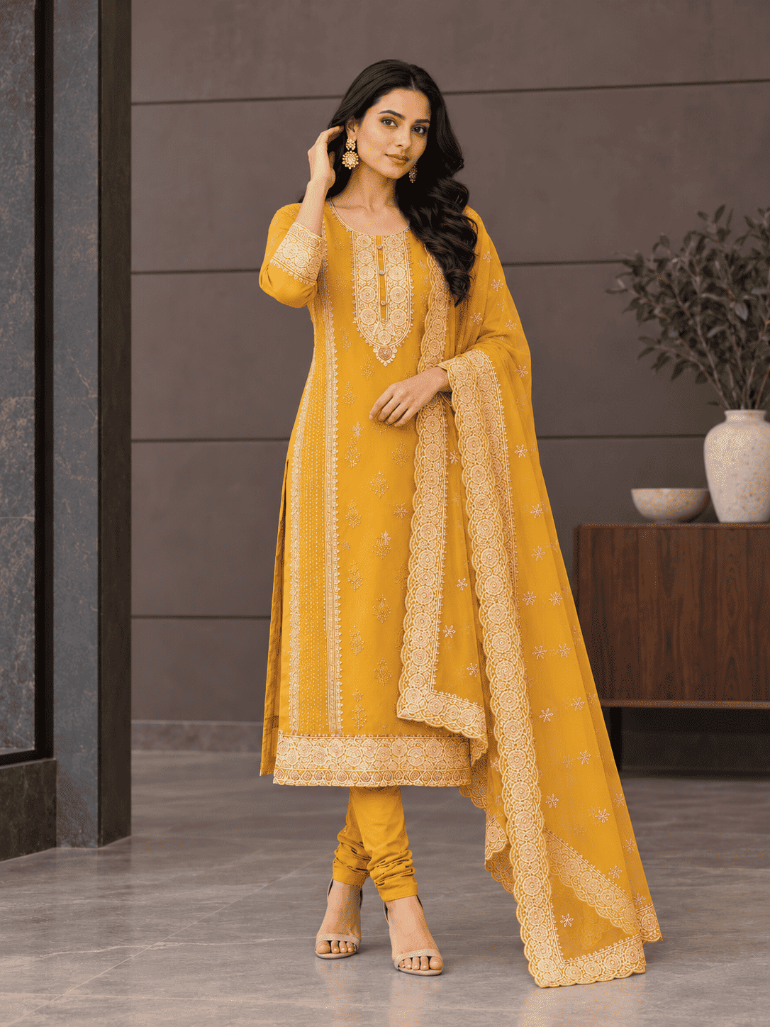 Olive-Mustard Semi-Stitched Soft Organza Suit With Dupatta With Multicolour Thread And Zari Embroidery