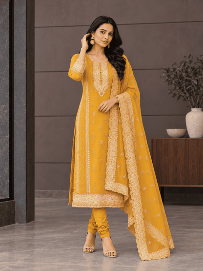 Olive-Mustard Semi-Stitched Soft Organza Suit With Dupatta With Multicolour Thread And Zari Embroidery