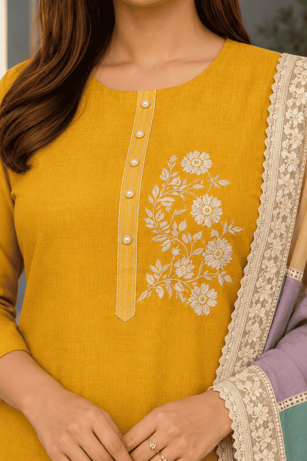 Unstitched mustard embroidered cotton suit set with a contrasting dupatta