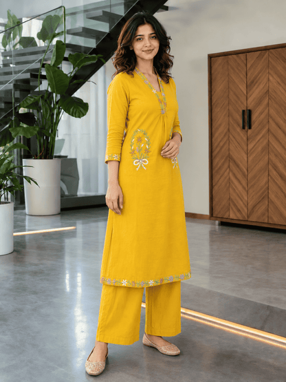 Mustard Yellow Cotton Embroidered Kurta With Pant