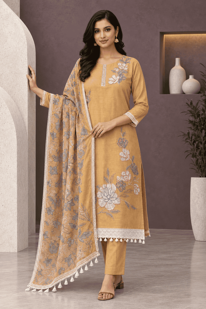 Unstitched yellow embroidered cotton slub suit set with dupatta