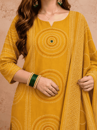 Mustard Yellow Printed Cotton Kurta and pant with dupatta