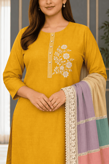 Unstitched mustard embroidered cotton suit set with a contrasting dupatta