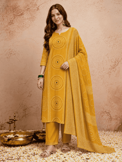 Mustard Yellow Printed Cotton Kurta and pant with dupatta