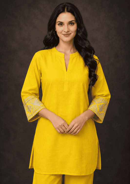 Mustard embroidered sleeves  linen kurta pant set