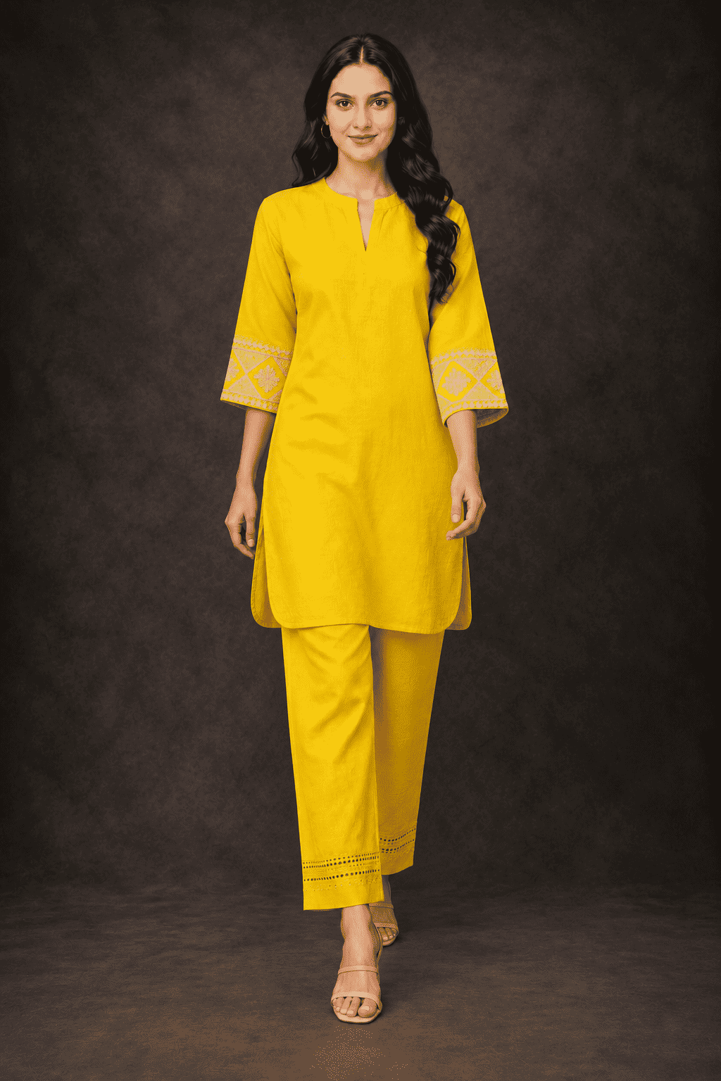Mustard embroidered sleeves  linen kurta pant set
