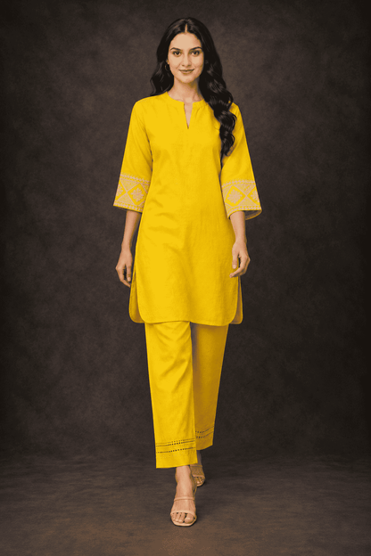Mustard embroidered sleeves  linen kurta pant set