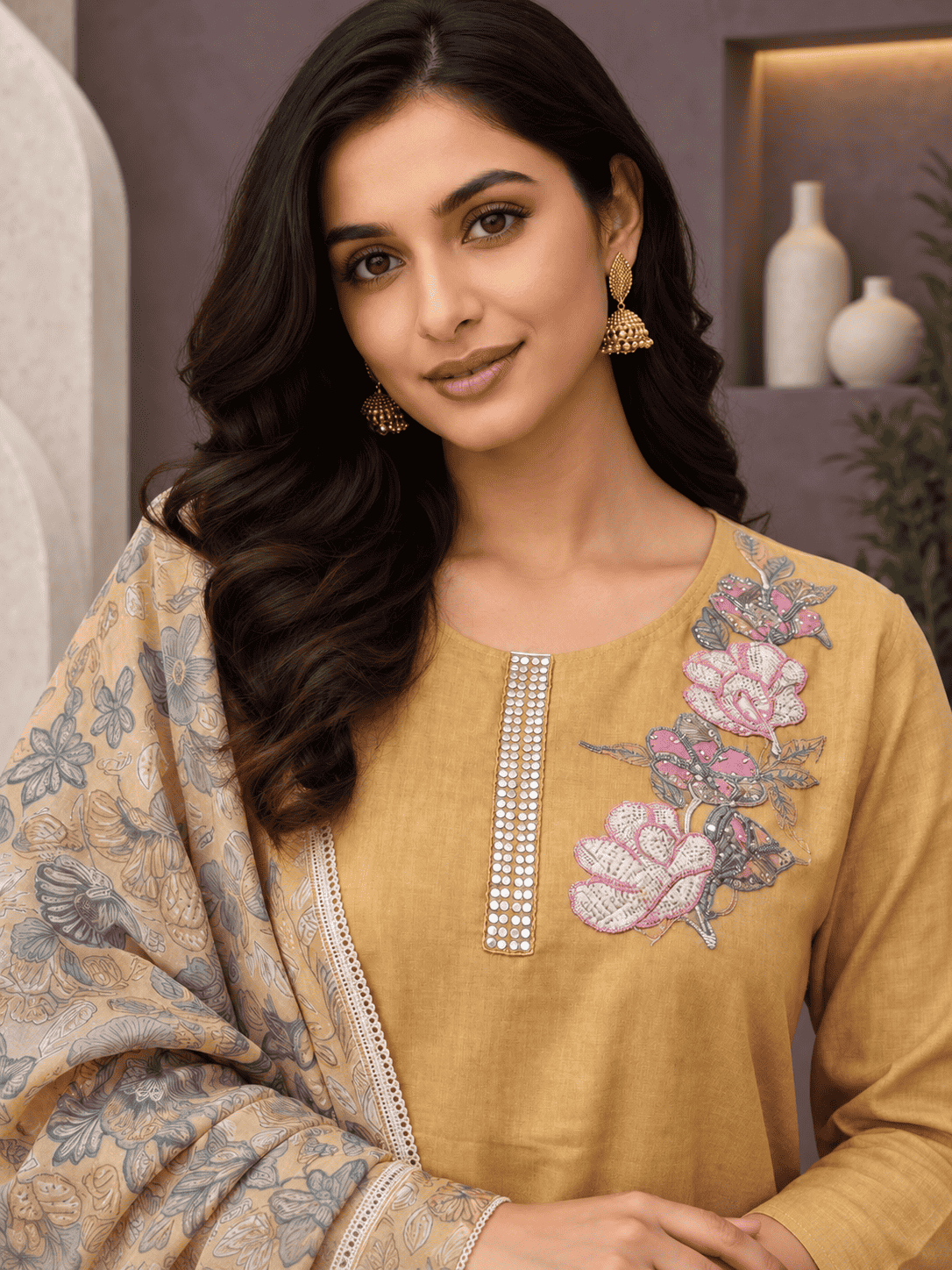 Unstitched yellow embroidered cotton slub suit set with dupatta