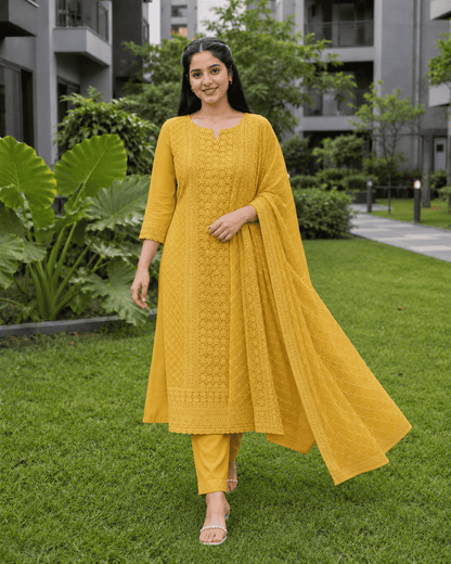 Mustard Chikankari Embroidered Georgette Kurta Pant Set With Dupatta