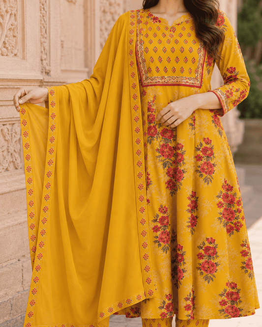 Mustard Yellow Cotton Blend Printed Anarkali Kurta and Pant with Dupatta