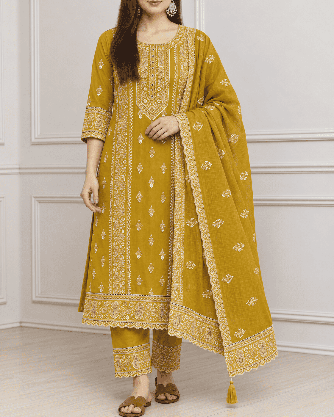 Mustard Embroidered Cotton Kurta Pant and Dupatta