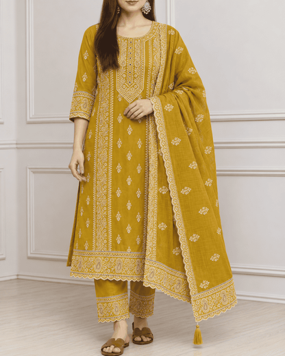 Mustard Embroidered Cotton Kurta Pant and Dupatta