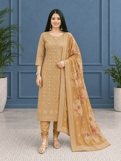 Unstitched Mustard Gold Embroidered Soft Georgette Suit Featuring Intricate Threadwork And Sequin Floral Motifs