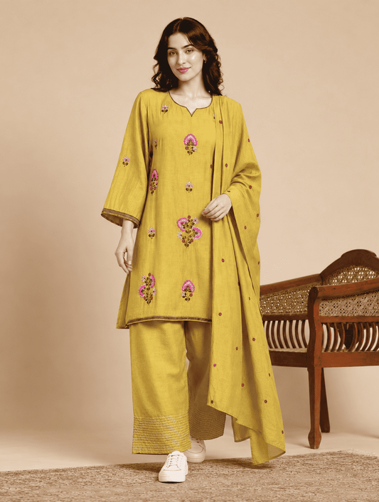 Mustard Embroidered Mul Chanderi Kurta and Pant with Dupatta