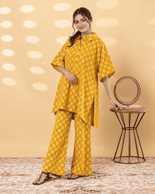 Mustard Printed Cotton Blend Co-ord Set