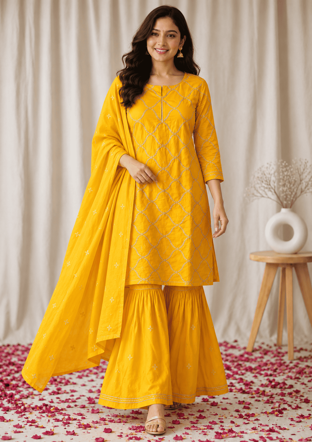 Mustard yellow cotton silk kurta set with embroidered dupatta