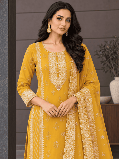 Olive-Mustard Semi-Stitched Soft Organza Suit With Dupatta With Multicolour Thread And Zari Embroidery