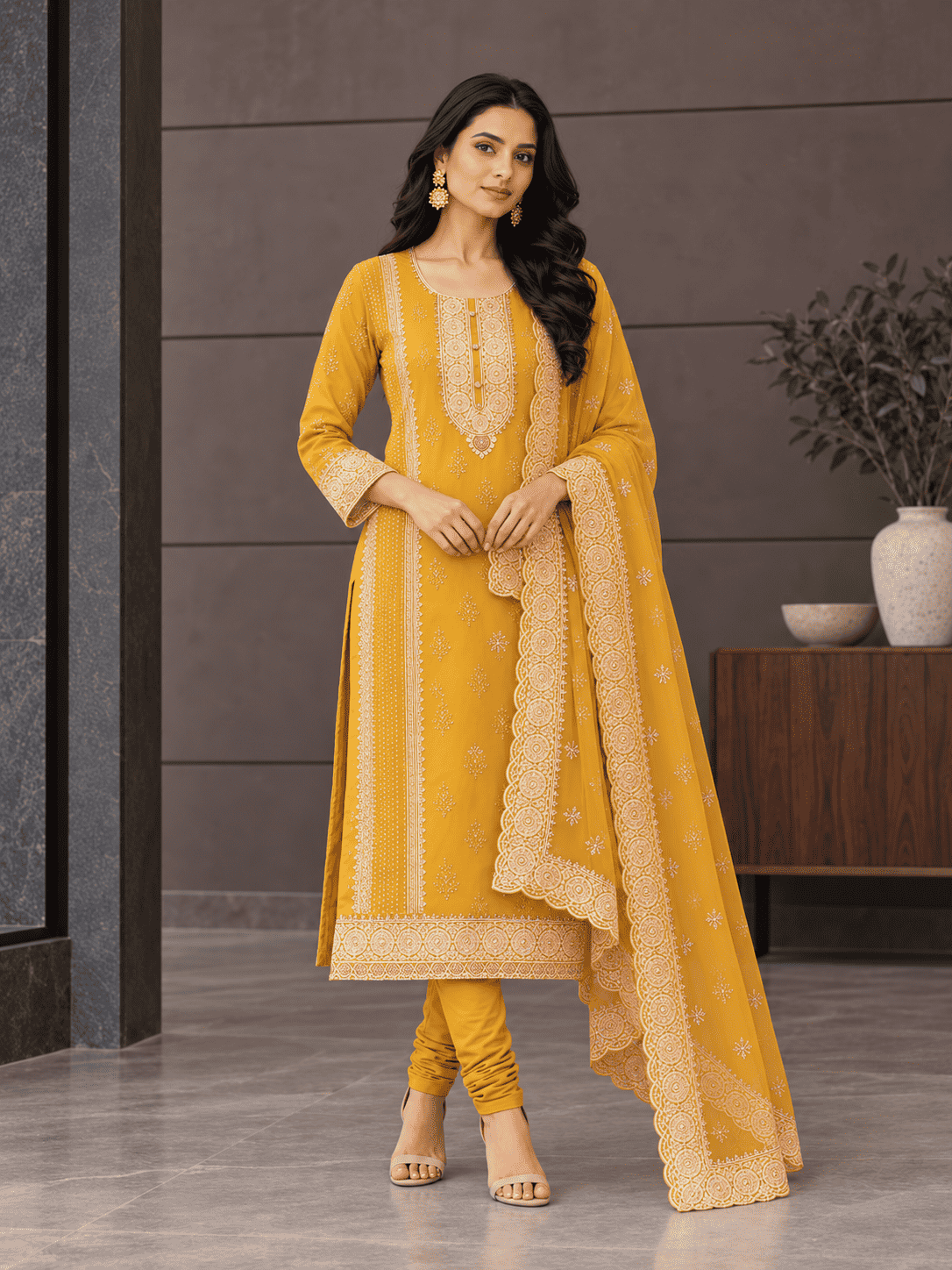 Olive-Mustard Semi-Stitched Soft Organza Suit With Dupatta With Multicolour Thread And Zari Embroidery