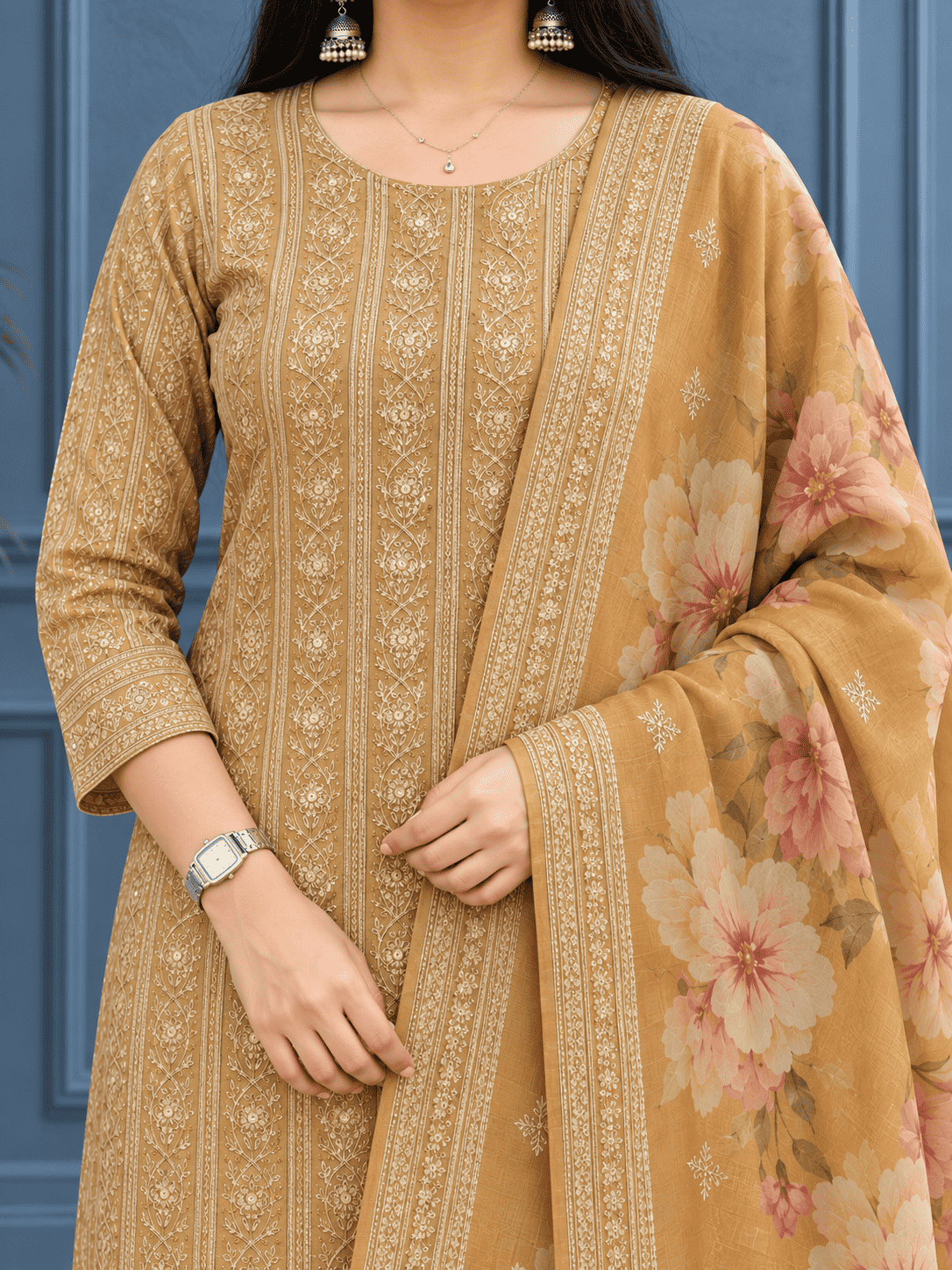 Unstitched Mustard Gold Embroidered Soft Georgette Suit Featuring Intricate Threadwork And Sequin Floral Motifs
