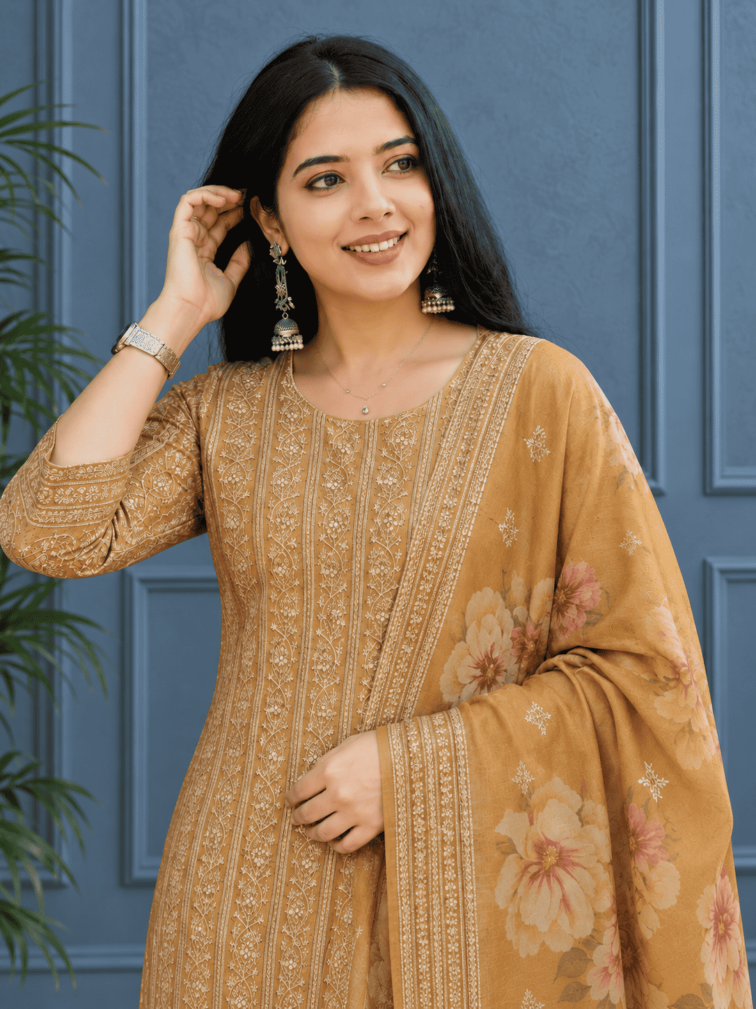 Unstitched Mustard Gold Embroidered Soft Georgette Suit Featuring Intricate Threadwork And Sequin Floral Motifs
