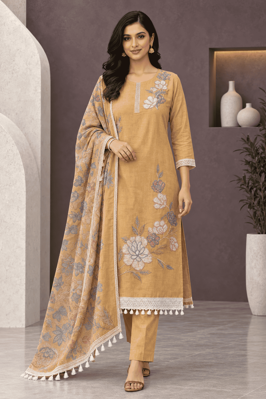 Unstitched yellow embroidered cotton slub suit set with dupatta