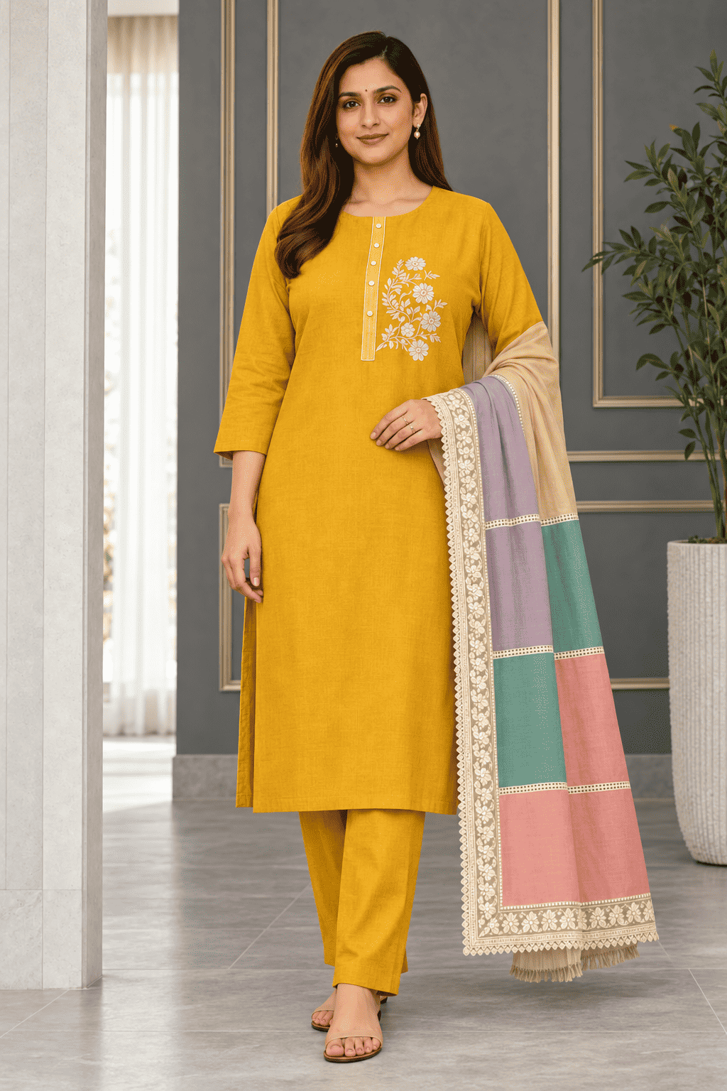 Unstitched mustard embroidered cotton suit set with a contrasting dupatta
