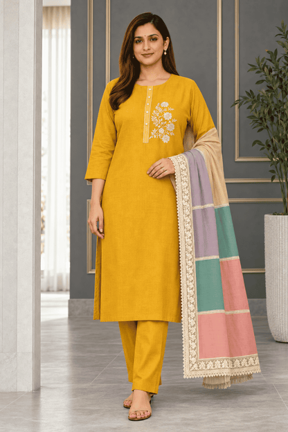 Unstitched mustard embroidered cotton suit set with a contrasting dupatta