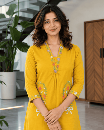 Mustard Yellow Cotton Embroidered Kurta With Pant