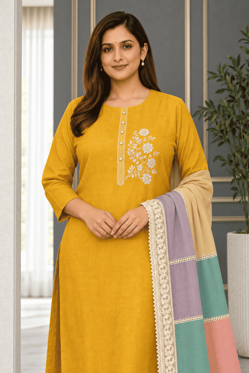 Unstitched mustard embroidered cotton suit set with a contrasting dupatta