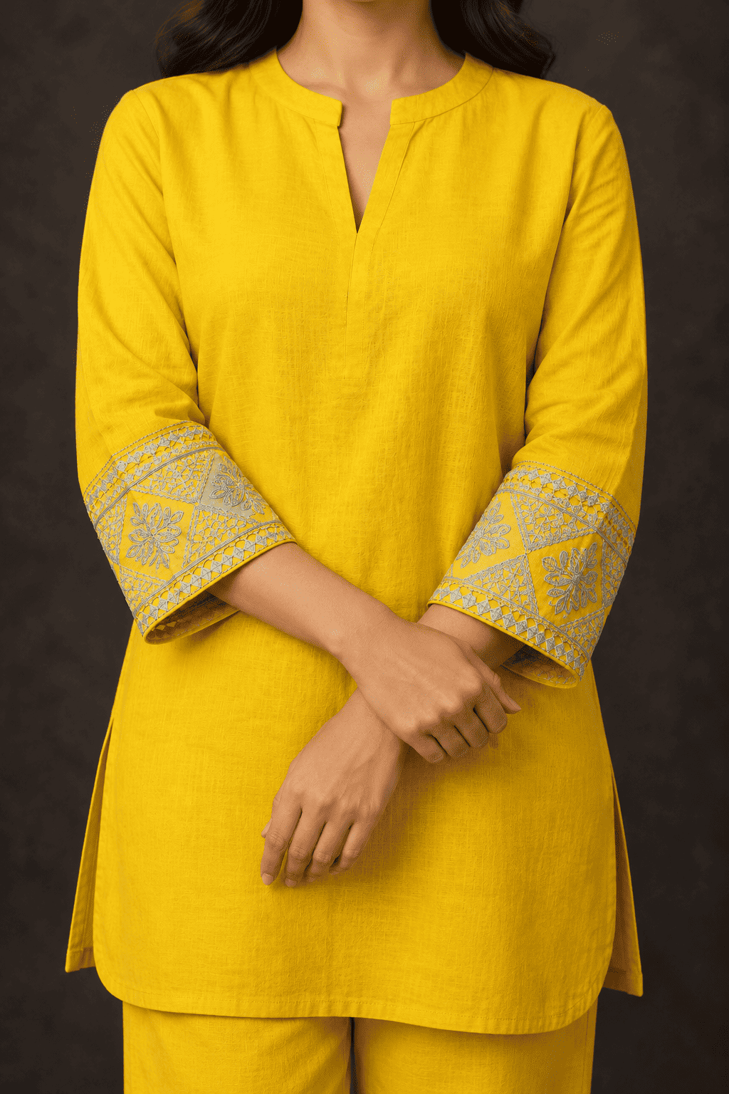 Mustard embroidered sleeves  linen kurta pant set