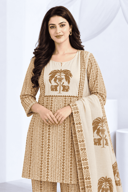 Off White in mustard tone printed cotton kurta and pant with dupatta