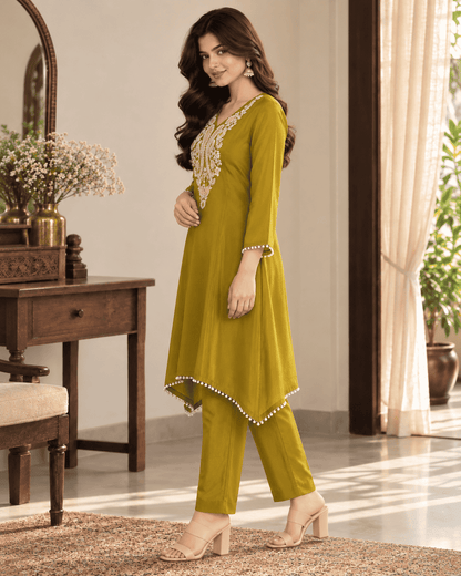 Mustard Embroidered Tissue Fabric Kurta Pant Set