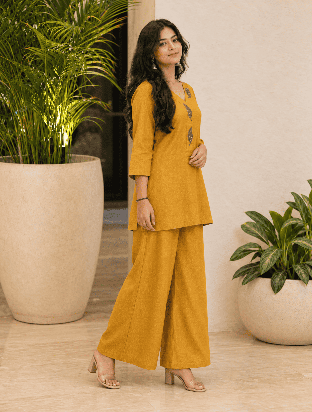 Mustard Embroidered Dola Silk Kurta Pant Set