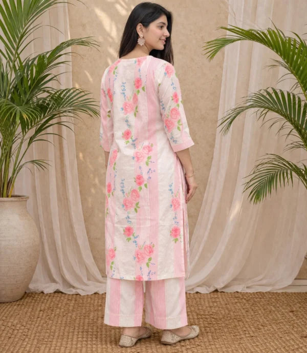Soft cotton blend blush pink with floral prints kurta pant set
