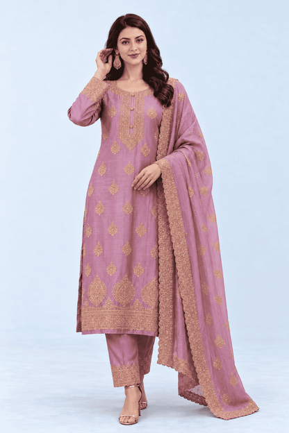 Purple-Lavender Semi Stitched Shimmer Tissue Suit Set With Dupatta With Embroidery